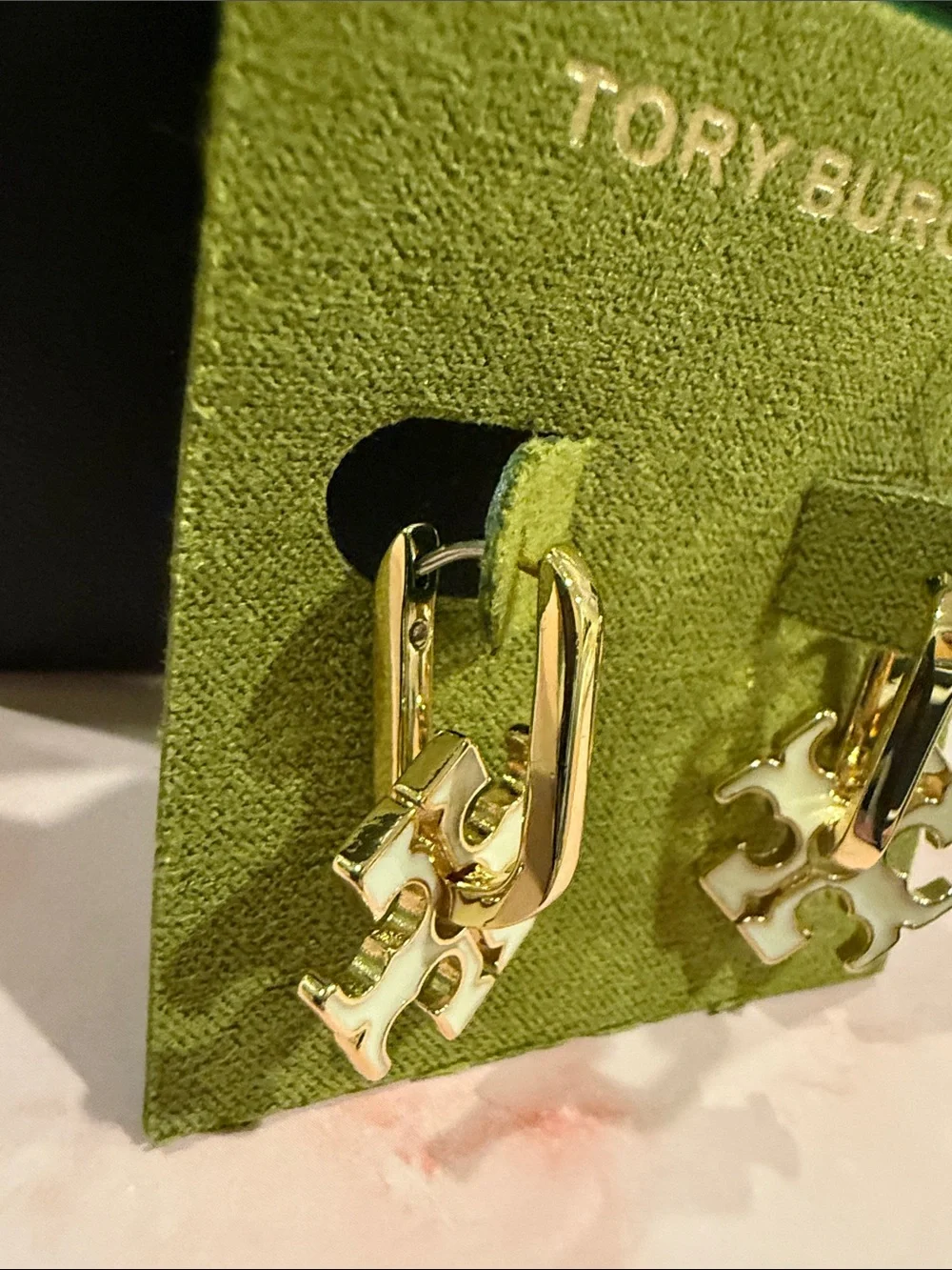Tory Burch | Gold Plated & White Enamel Logo Hoop Drop Earrings